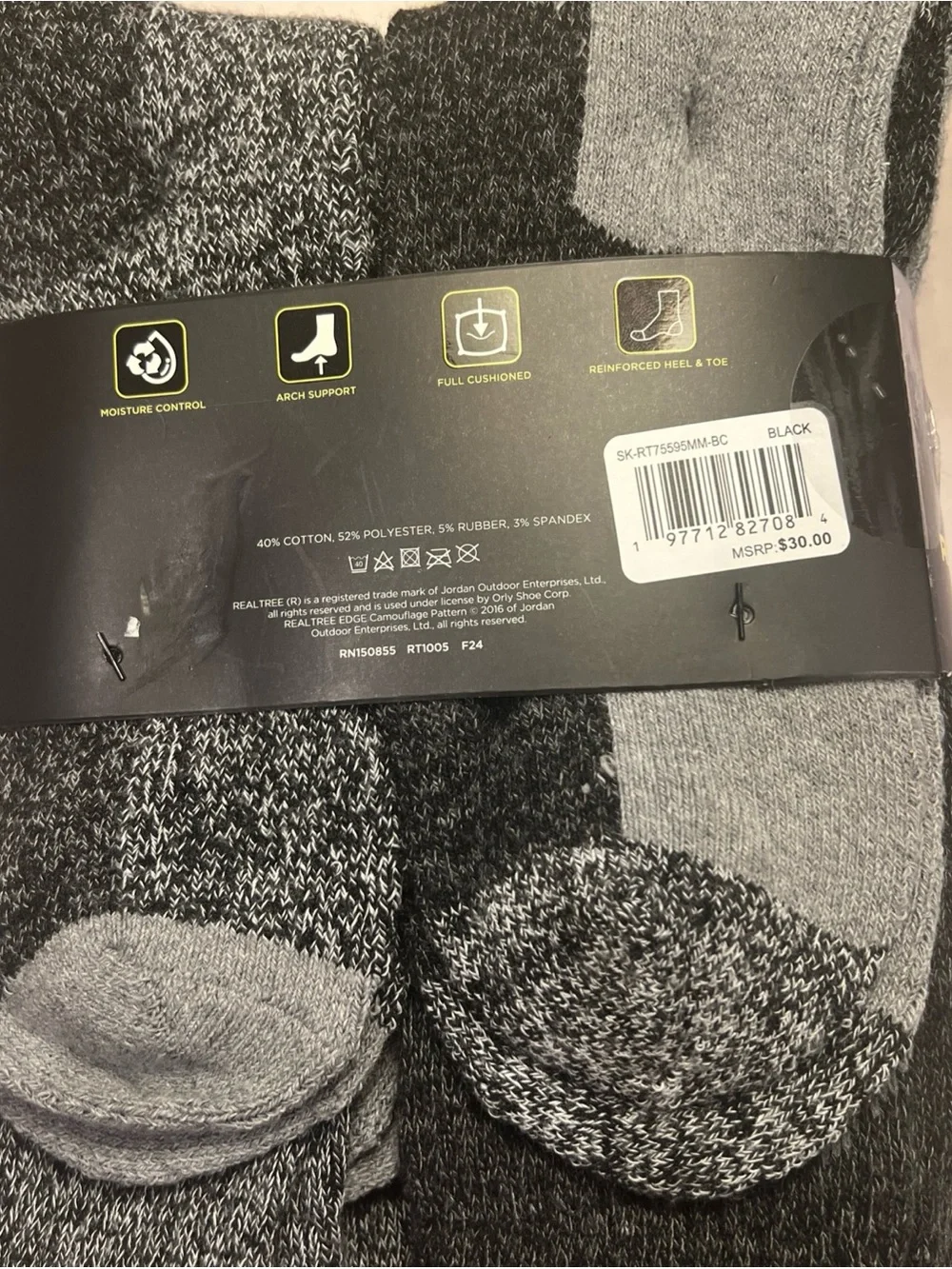 Realtree Black and Gray Men's Cushioned Crew Socks 8 pair 6-12